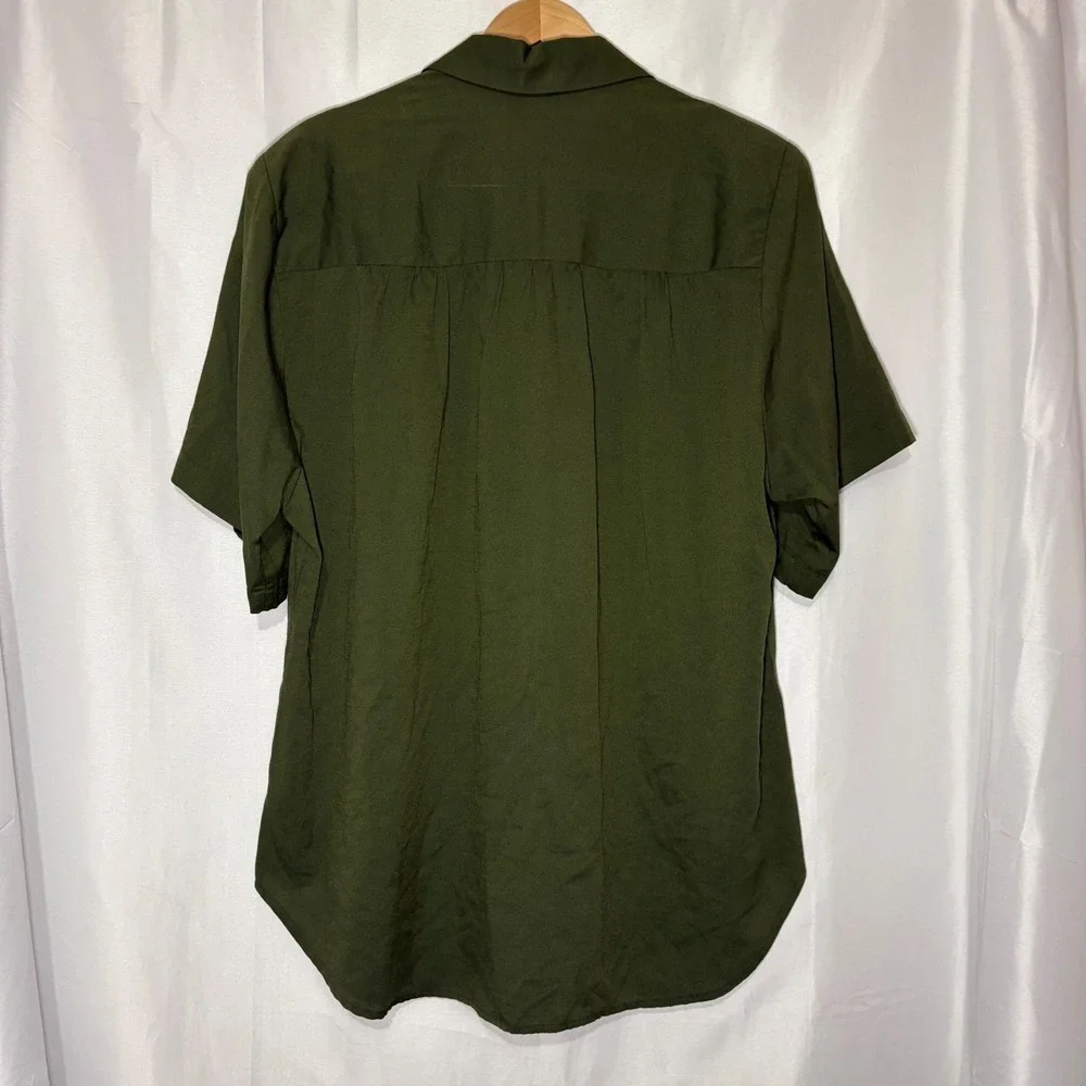 Vintage Joanna Olive Green Button Down Shirt Short Sleeve Shoulder Pads Large - Picture 6 of 7